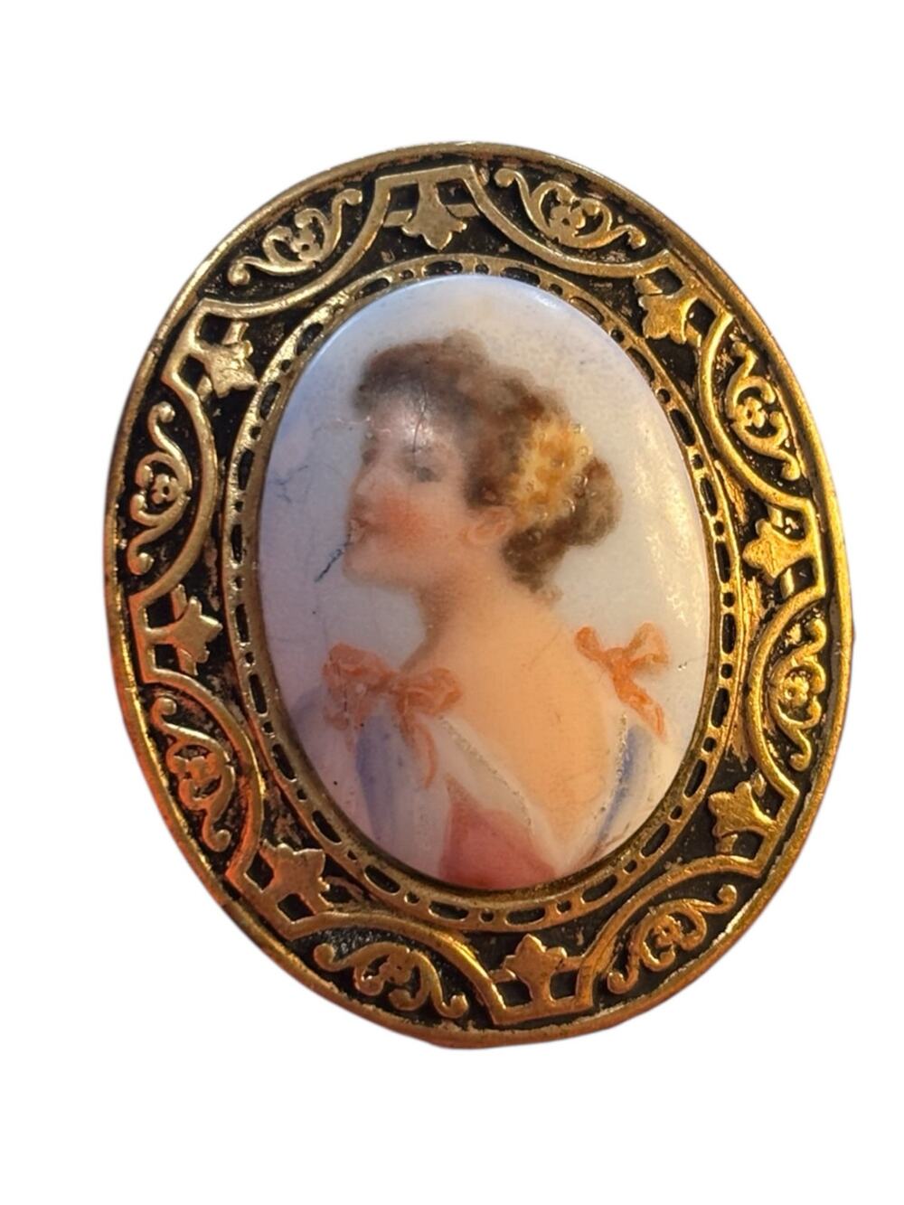 Vintage Cameo Style Brooch Portrait Lady Oval Gold Tone Frame Victorian Revival